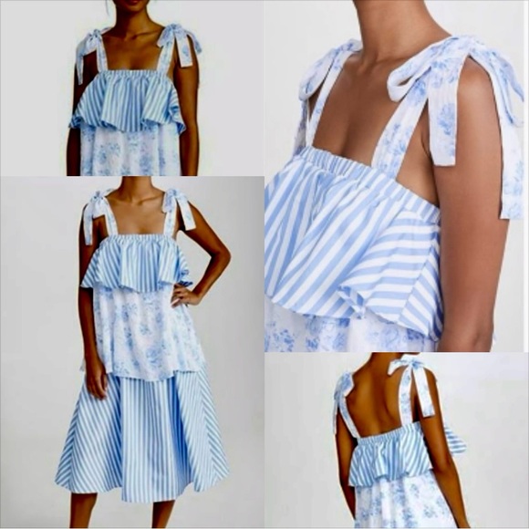 NEW English Factory Blue and White Mixed Pattern Midi Dress - Picture 6 of 8